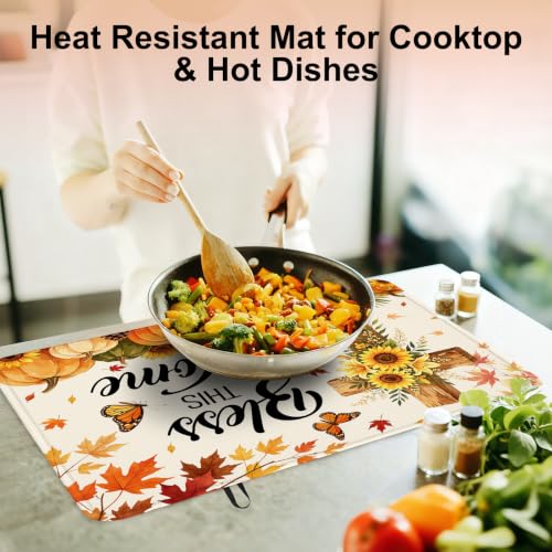 Image of Bless This Home Stove Top Cover for Electric Stove 28 inch x 20 inch, Christian Cross Glass Cooktop Protector, Sunflower Pumpkin Stove Cover, Rubber Countertop Mat, Thanksgiving Farmhouse Kitchen Decor