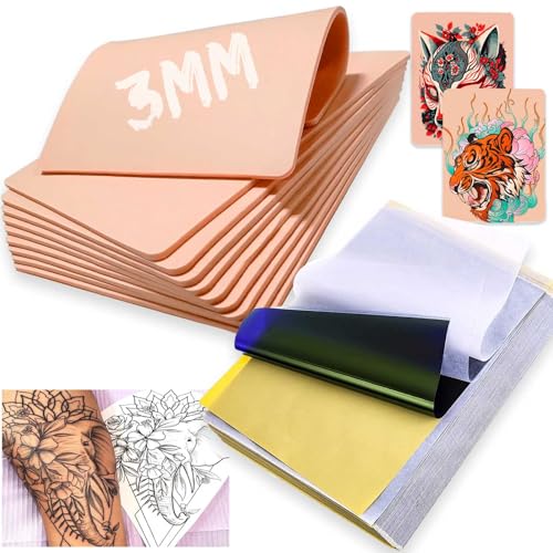 3MM Fake Skin with Transfer Paper, CINRA 30PCS Tattoo Practice Skin and Tattoo Tracing Paper Kit Including 10PCS Thick Tattoo Skin and 20PCS Tattoo Stencil Paper for Tattoo Practice Tattoo Supplies
