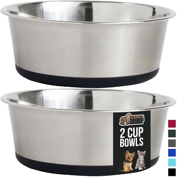GORILLA GRIP Set of 2 Dog Bowls, Holds 8 Cups (64 fl oz), Heavy Duty Metal Food and Water Bowl for Feeding Dogs and Cats, Dishwasher Safe, Rust Resistant Stainless Steel, BPA Free Rubber Base, Black