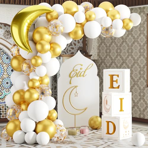 Eid Mubarak Decoration for Home 2026 - 89 White Gold Balloon Arch with Eid Mubarak Star Balloons Star Moon Balloon Boxes Ramadan Party Supplies Decorations for Ramadan Festival