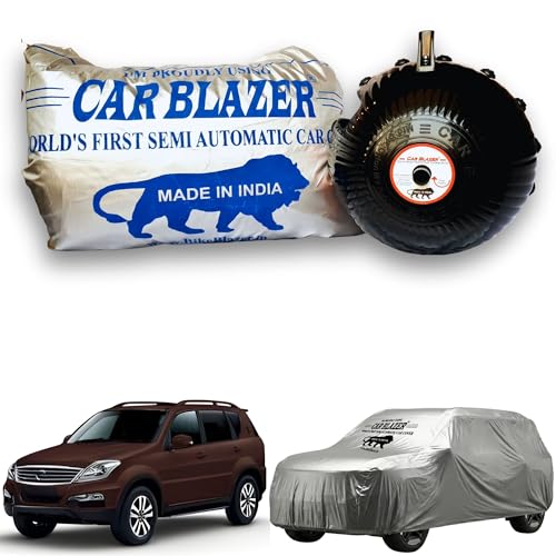 Image of CARBLAZER Portable & Semi-Automatic Full Body Car Covers: Heavy Duty Device| Anti-Theft| Dust & Scratch Proof | Water & Wind Resistant|Custom Fit| Dual-Side Cover, Compatible for Mahindra REXTON