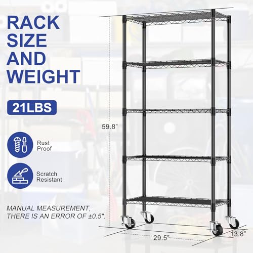 5 Tier Shelving Unit Wire Rack, Heavy Duty Adjustable Shelf Rolling Storage Shelves with Wheels, 14" D x 30" W x 60" H 750 lbs Capacity Kitchen Garage Pantry Shelves for Small Spaces - Image 4