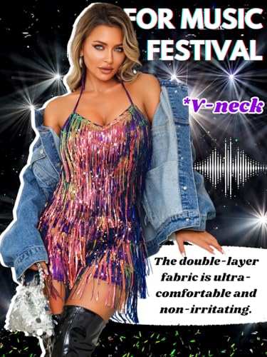 Image of Kaei&Shi Sequin Fringe Romper,Sparkly Glitter Metallic Jumpsuits For Women,Backless Shorts Dress Disco Birthday Dance Outfit