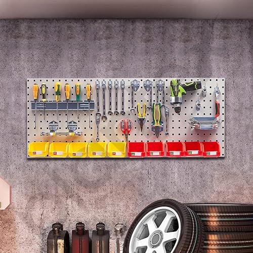 Image of Plantex Tool Organizer for Workshop /Metal Pegboard for Garages /Tool Storage Board /Hanging Pegboard - 120 x 45 cm (Silver)
