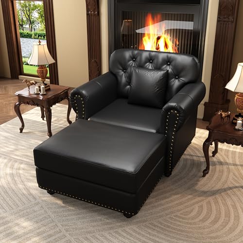Image of KEIKI 41 inch Faux Leather Chesterfield Sofa with Rolled Arms & Nailhead Trim & 1 Ottoman, 1-Seater Button Tufted Couch with High Resilience Cushion & 1 Pillow, Easy Assembly, for Living Room, Black