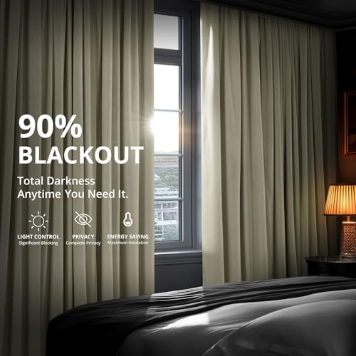HPD Half Price Drapes Signature Velvet Thermal Blackout Curtains for Living Room 84 Inch Long (1 Panel) Rod Pocket Insulated Blackout Curtains for Bedroom Window Curtains, 50W x 84L, Cool Beige