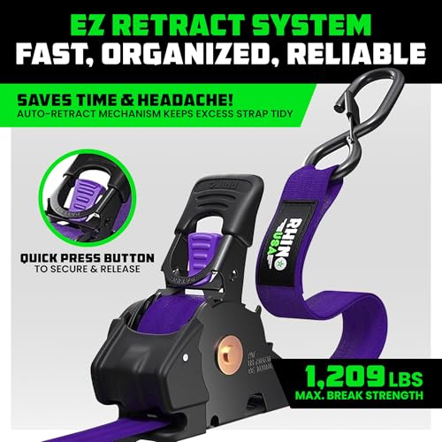 Image of Rhino USA Retractable Ratchet Straps (2-Pack) - 1 Inch x 10 Feet (1,209lb Break Strength) - Auto Self Retracting Tie Down Straps for Truck, Cargo Trailer, Motorcycle, ATV, UTV - Purple