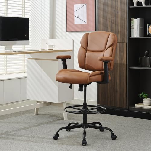 Image of Okeysen Drafting Chair Standing Desk Chair, 500 LBS Leather Big and Tall Office Chair with Adjustable Armrests & Foot Ring, Modern Tall Desk Chair with Mid Back, Swivel Rolling Drafting Stool.