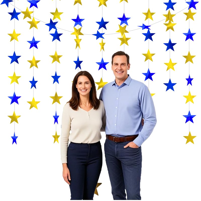 Image of Blue Gold Shining Star Hanging Garland Blue Gold Hanging Sparkling Star Streamer Glitter Bunting Banner Twinkle Backdrop for Wedding Baby Shower Birthday Christmas Decorations 40 Feet