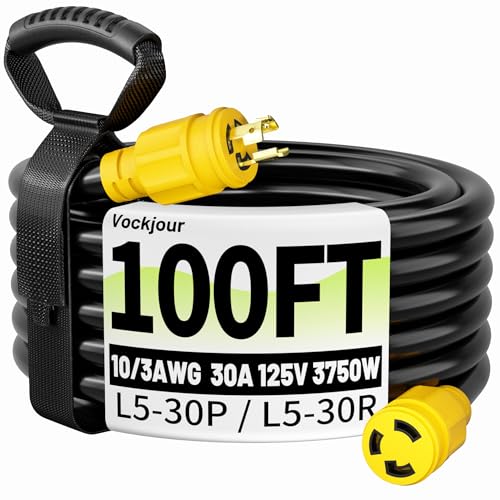 Vockjour 30 Amp Generator Extension Cord 3 Prong 100FT NEMA L5-30P/L5-30R 10 Gauge Extension Cord Twist Lock Generator Power Cord Heavy Duty STW 125V 3750W Yellow ETL Listed