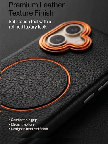 Image of amazon basics Luxury MagSafe Compatible Leather Texture Back Cover for iPhone 16 | Raised Camera Protection | Slim Fit Shockproof Case with Metallic Accents (Black)