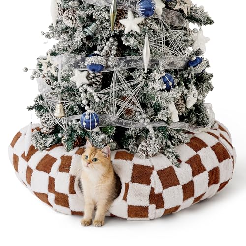 Lesure Cat Tunnel Bed for Indoor Cats - Cute Cat Donut Tunnel Toys for Small Large Cats with Washable Circle Cushion, Round Pet Peekaboo Cave Toy for Kitten/Puppy/Rabbit, Standard Brown Checks