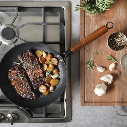 Image of Babish 11 Inch Cast Iron Skillet with Wooden Handle, Pre-Seasoned Nonstick Pan with Honeycomb Textured Cooking Surface, Induction Oven Safe Skillet for Searing, Frying Eggs, Steak and Stir Fry