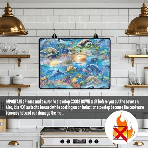 Image of Dolphin Sea Turtle Glass Stove Cover Stovetop Protector Cover Foldable Electric Stove Top Protector Prevent Scratching Washer Dryer Counterto Cover for Home Decor