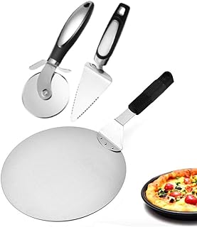 3 in 1 Pizza Cutter Server, Pizza Peel + Pizza Shovel + Pizza Cutter, 430 Stainless Steel Rubber Handle Wheel Cutter, Pizza Paddle for Baking Homemade Pizza/Bread/Cakes/Biscuits (3 in 1 Round)
