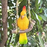 Resin Parrot Hanging Garden Decor Swing Figurine Ornaments, Outdoor Hanging Bird Sculpture Decor Perfect for Patio, Lawn, Gardens, Balconies, Indoor and Outdoor Spaces Yellow & Green Tail
