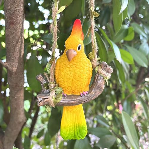 Resin Parrot Hanging Garden Decor Swing Figurine Ornaments, Outdoor Hanging Bird Sculpture Decor...
