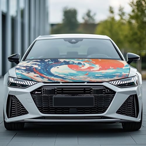 Image of Ukiyo-e Great Wave Car Hood Covers for Automobiles, Retro Aesthetic Art Sea Wave Sunset Elastic Fabric for Car Hood Decoration, Can be Washed Auto Accessories