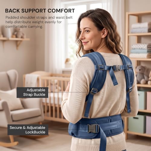 Image of Baybee 6-in-1 Baby Carrier for 0 to 3 Years with Hip Seat, Kangaroo Bag, Lumbar Waist Support, Breathable Mesh, Utility Pocket & Bottle Holder, Weight Up to 15 Kgs (Blue)