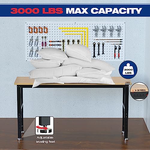 Image of WORKPRO 72 inch Adjustable Workbench, 3000 LBS Load Capacity Hardwood Garage Workbench with Power Outlets, Rubberwood Top Heavy-Duty Workstation for Workshop, Garage, Home
