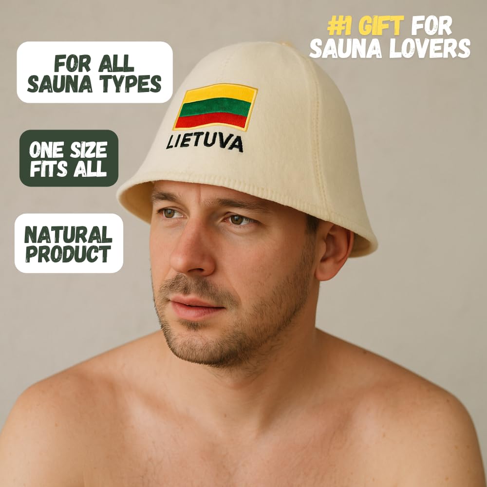 Naturalna czapka do sauny "Litwa", biała, 100% wełna organiczna, filcowa czapka do sauny dla mężczyzn i kobiet, do rosyjskiej banii, chroni głowę przed wysoką temperaturą, w zestawie e-book
