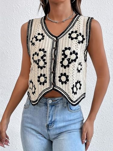 Verdusa Women's Button Front Sleeveless V Neck Crochet Embroidered Knit Sweater Short Vest3