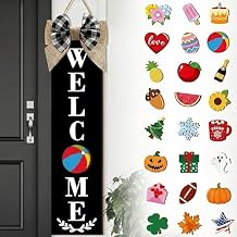 Sintuff Holiday Interchangeable Welcome Sign for Front Door Wood Porch Sign with 24 Pcs Seasonal Icons Home Farmhouse Holiday Welcome Outdoor Festival Seasonal DecorationBlack,Large