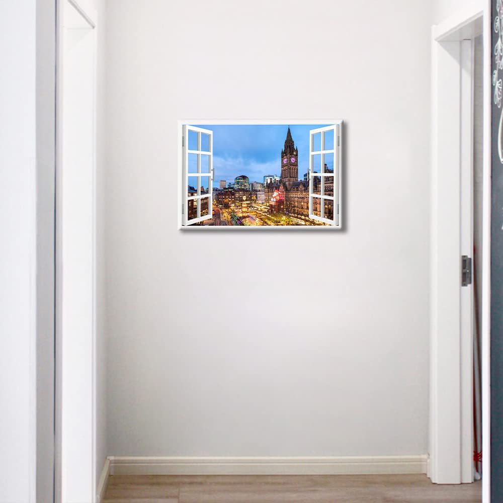 3D Window Effect Manchester Canvas Prints Wall Decor Artwork Albert Square Cityscape Poster Wall Art Print for Bedroom Living Room Bathroom Office Home Decorations Framed Ready to Hang - Image 2