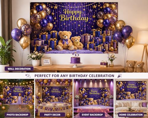 Image of ARV Happy Birthday Fabric Backdrop Banner, Purple and Gold, Teddy Bear and Balloons Design, 3 * 5 ft, Reusable Party Wall Decoration (BDPOSTER1)