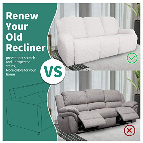 Image of YEMYHOM 8 Pieces Stretch Recliner Sofa Cover Jacquard Reclining Couch Cover with Side Pocket Anti-Slip Fitted 3 Cushion Furniture Slipcovers with Elastic Bottom (Sofa Recliner, White)