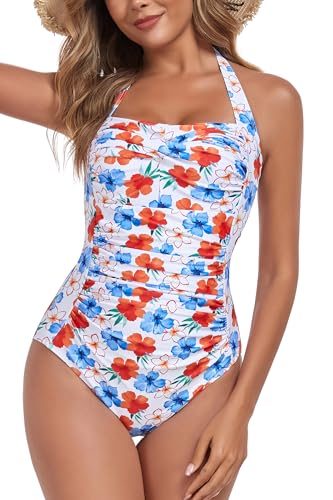 Image of Smismivo Tummy Control Swimwear Halter One Piece Slimming Vintage Retro Swimsuit Womens Ruched Push Up Bathing Suit