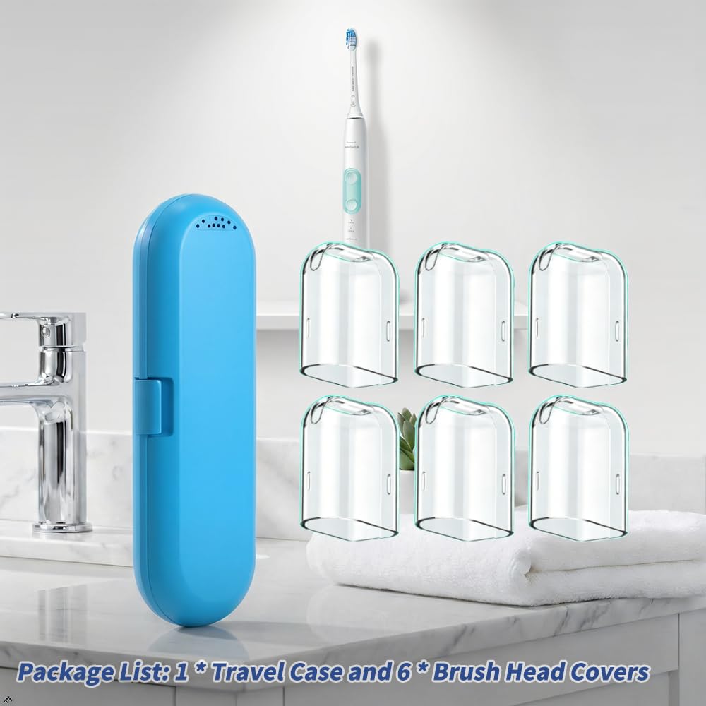 Funda de viaje compatible con los cepillos de dientes eléctricos Philips Sonicare y 6 fundas reutilizables compatibles con los cabezales de cepillo de dientes Philips Sonicare (azul)