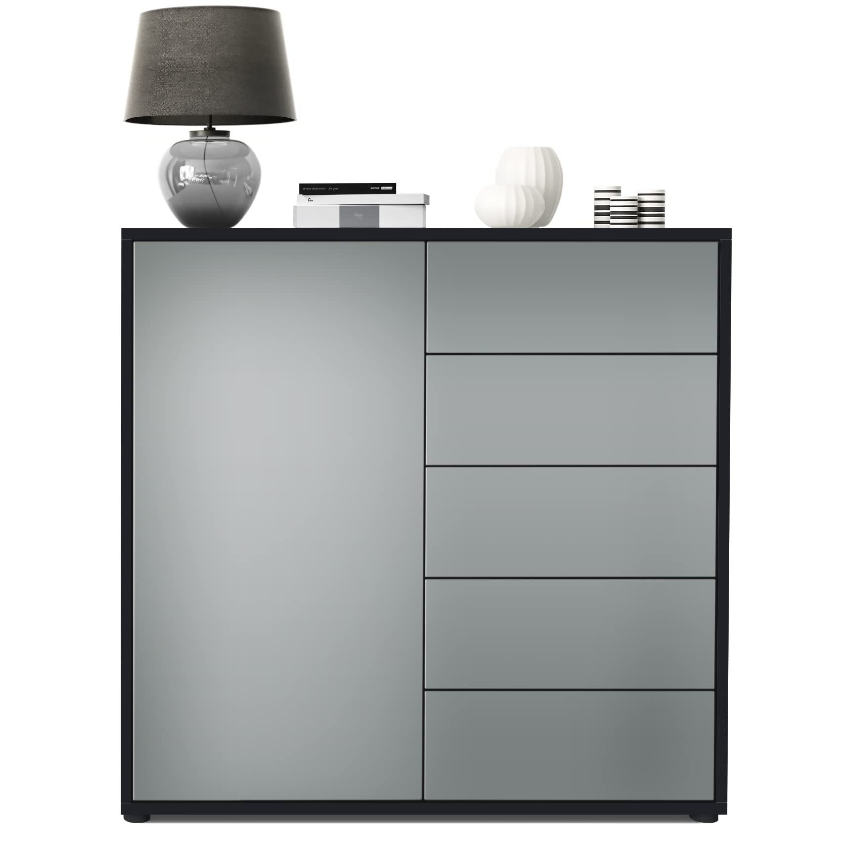 Vladon Buffet Ben V2, Commode avec 1 Portes et 5 tiroirs, Noir Mat/Graphite satiné Mat (79 x 74 x 36 cm)