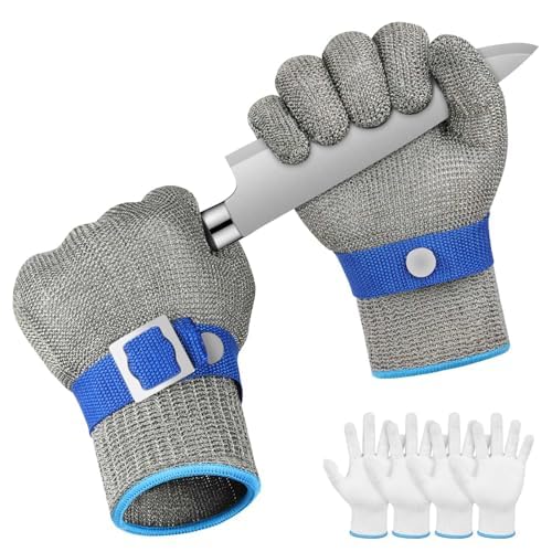 flintronic 2 Stück Schnittschutzhandschuh, Schnittschutzhandschuh aus Edelstahl mit 4 Baumwoll Handschuh, Level 9 Schnittfeste Handschuhe, Kettenhandschuh, Austernhandschuh, Küchenhandschuhe (M)