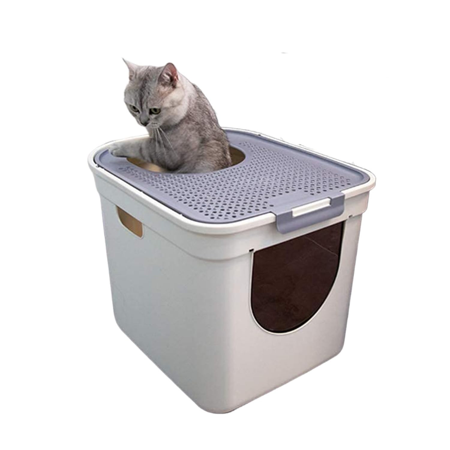 Lettiera per gatti a forma di cappello, porta d'ingresso con doppia porta d'ingresso, super grande spazio da 25 l, design con coperchio cavo, resistente agli spruzzi, WC per gatti