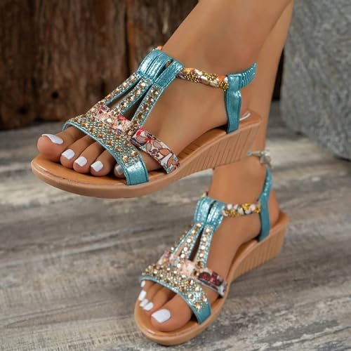 Sandals for Women 2025,Sandalias De Mujer,Beaded Ankle Strap Flats Boho Sandals for Women,Lace Flats Sandals with Back Strap,Sparkly Sandals for Women Dressy4