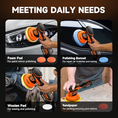 Daakro 21V Cordless Buffer Polisher Kit,6 Inch Brushless Dual Action Polisher w/ 2 X 2.0Ah Batteries,6 Variable Speed 2500-5000 RPM Random Orbital Polisher Kit for Car Detailing, Waxing, Polishing