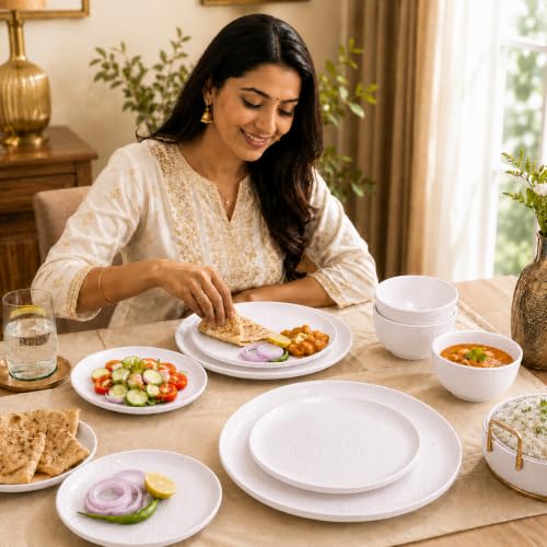 Image of Market99 Heavy-Duty White Hammered Melamine Dinner Set - 12 Pcs | Includes 4 Dinner Plates, 4 Side Plates & 4 Soup Bowls | Matte Finish Tableware for Daily Dining, Home Kitchen & Modern Meal Setup