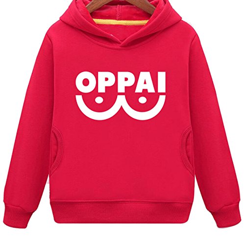 Kids Two Pockets Saitama Oppai Funny Hoodie (M,Red)