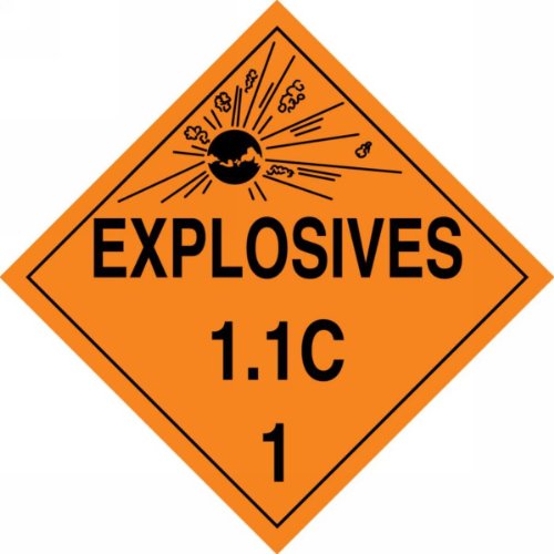 Image of Accuform MPL13CT50 PF-Cardstock Hazard Class 1 /Division 1C DOT Placard, Legend inchExplosives 1.1C 1 inch with Graphic, 10-3 /4 inch Width x 10-3 /4 inch Length, Black on Orange (Pack of 50)