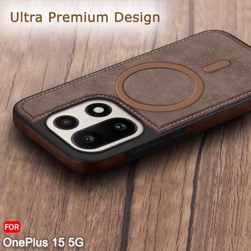 Image of TheGiftKart Genuine Leather Finish Back Cover Case for OnePlus 15 5G | Shockproof Design | Raised Edges for Camera & Screen Protection | Stunning Minimalist Design Cover (MagSafe Compatible, Brown)