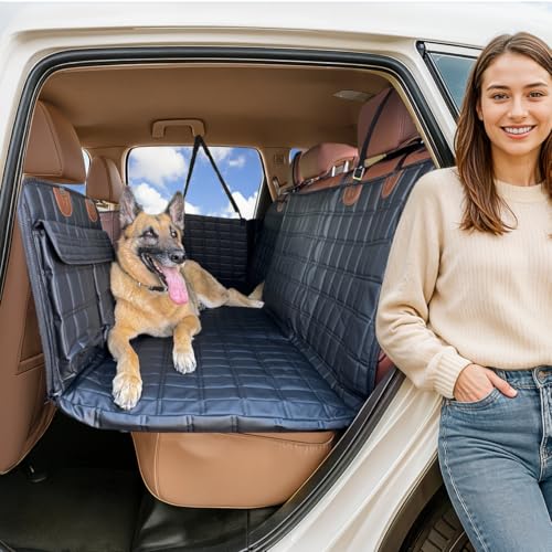 APetsPlanet Hunde-Autositzbezug für Rücksitz, harte Unterseite, wasserdichte Rücksitzverlängerung für Hunde, Haustier-Hängemattenbett für Auto, LKW, SUV mit Netzfenster und Stauraum, schwarzes Leder