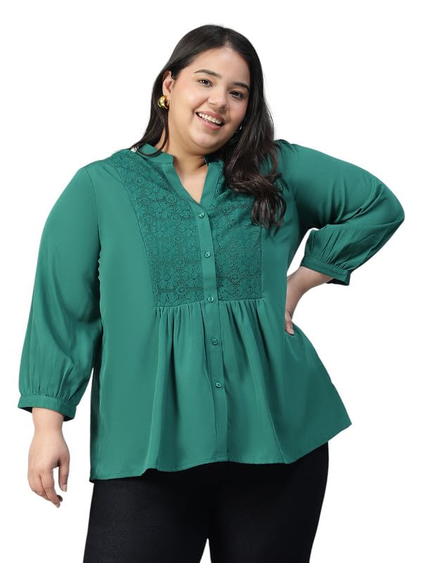 Image of oxolloxo Plus Size Polyester Casual Tops | Relaxed Fit Solid Solid V-Neck |Regular Curved Tops ForPlus Size Women |Green
