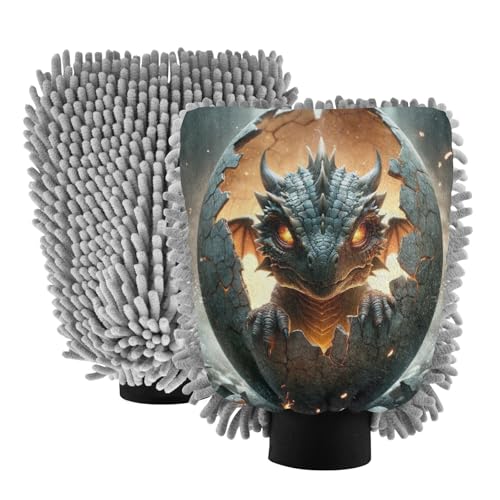 ALAZA Baby Dragon Car Wash Mitt Scratch Free, 2 Pack Absorbent Microfiber/Chenille Washing & Drying Mitts, M