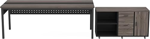 Miniatura 4 de LITTLE TREE Escritorio ejecutivo de 70.8 pulgadas con archivador lateral, estación de trabajo moderna de madera gruesa en forma de L, escritorio