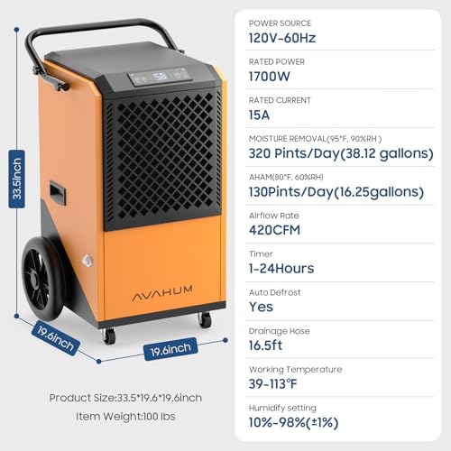 Image of 320 Pint Commercial Dehumidifier,9,000 Sq.Ft Industrial Dehumidifierfor Basement Warehouse,Large Heavy Duty Commercial Grade Dehumidifiers with Drain Hose, Auto Defrost,5-Year Limited Warranty