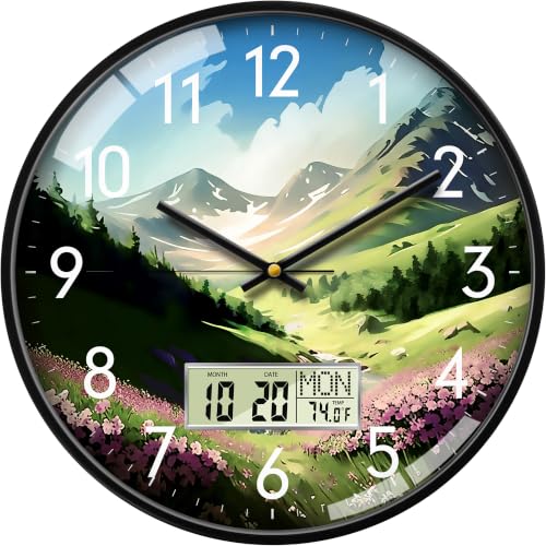 Image of 14'' Valley Meadow Wall Clock, Analog Clock with Digital Display | Silent Non-Ticking, Battery Operated, Shows Date Day & Temperature, Decorative for Living Room, Bedroom, Kitchen, Office