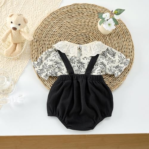2-Piece Baby Girl Outfit - Long-Sleeve Peter Pan Collar Top & Suspender Romper for Outdoor Wear4