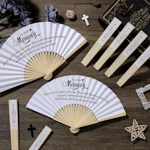 Image of Threehoney 25 Pack Funeral Favors for Guests in Loving Memory Handheld Fans Paper Folding Hand Fan Bulk Funeral Gifts for Services Condolence Sympathy Accessories (White)