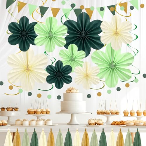 Image of Sage Green Birthday Decoration Green Plant Party Decorations Set | with Hanging Paper Flowers Tassel Garland and Swirls Sage Green Party Decoration for Women Girls Classroom Party Decor